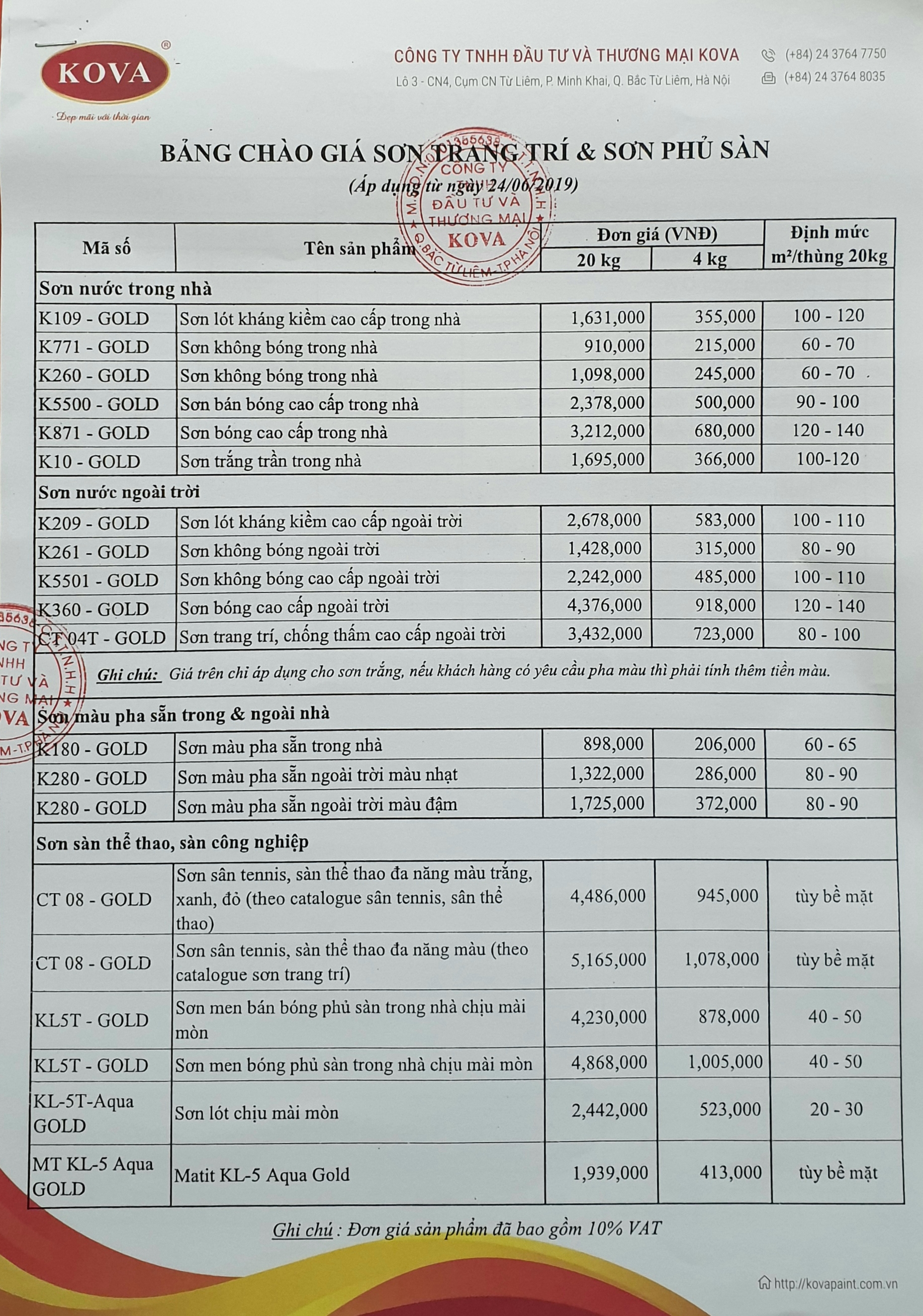 BÁO GIÁ SƠN KOVA tháng 10 năm 2019
