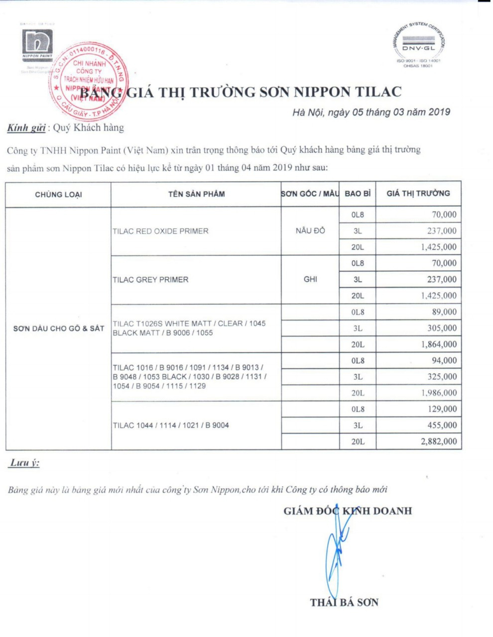 Bảng giá thị trường sơn Nippon Tilac