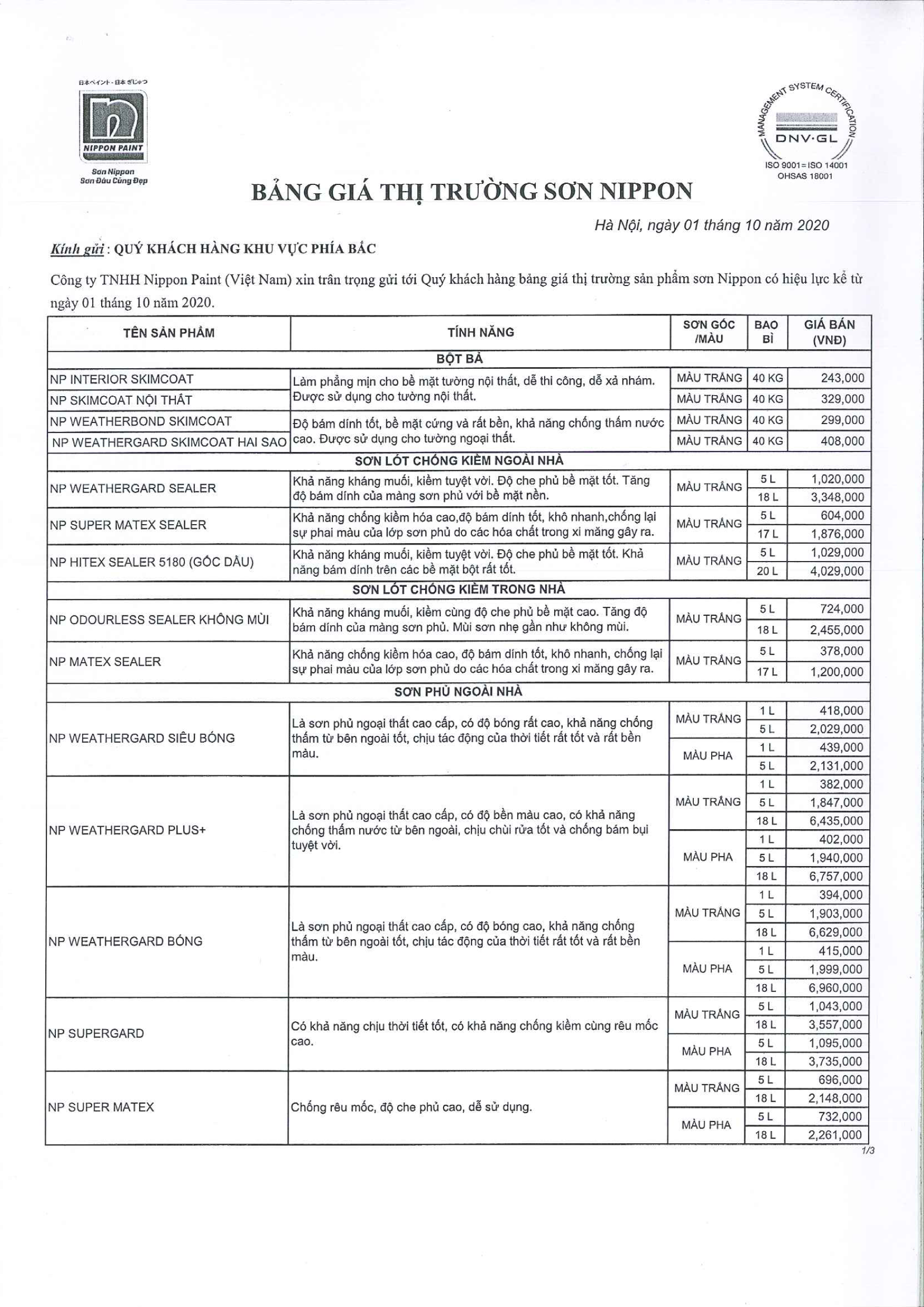 Báo giá phân phối sơn Nippon tháng 9 năm 2020