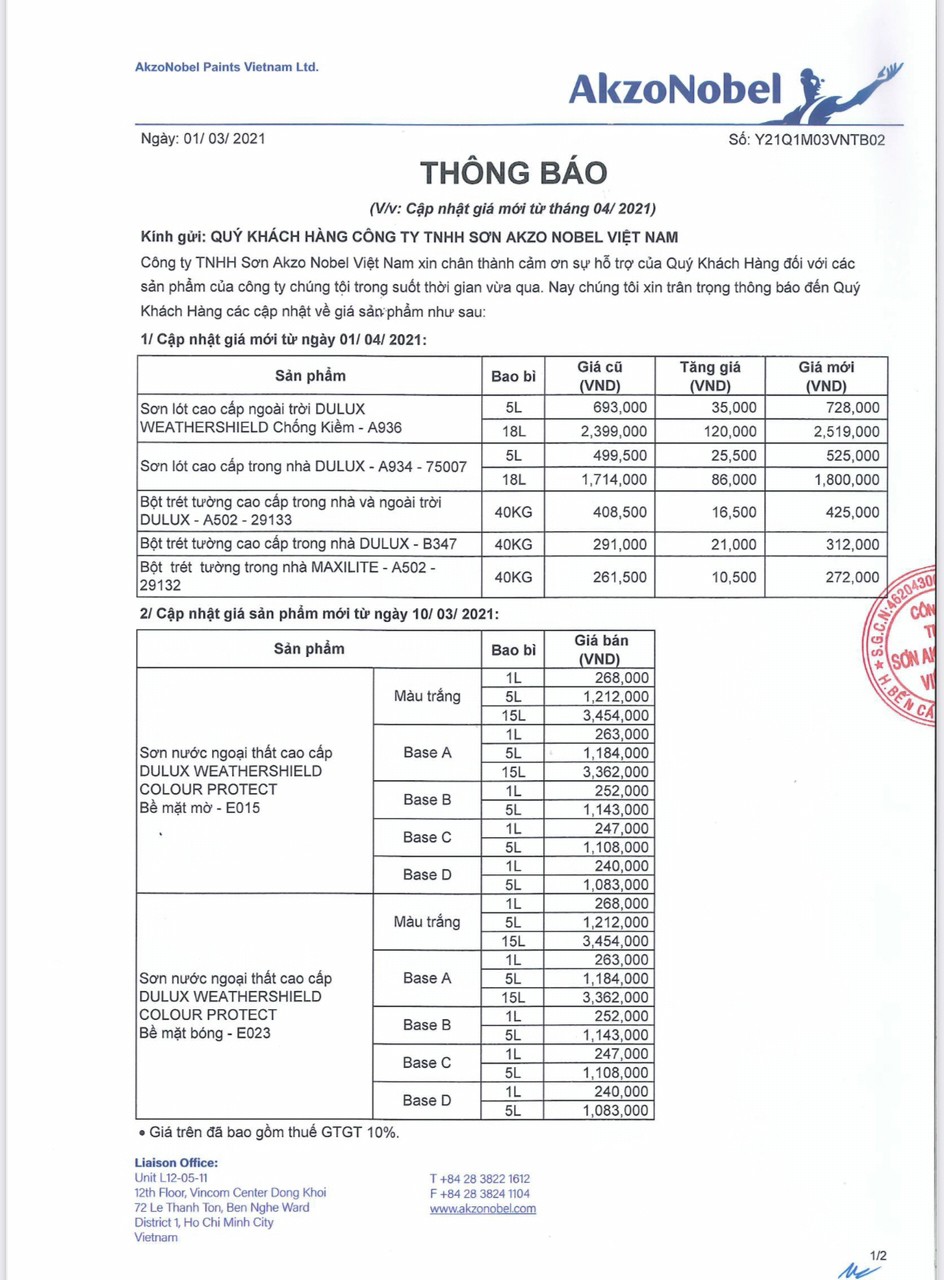 Bảng giá sơn Dulux khách hàng tiêu dùng tháng 4 năm 2021